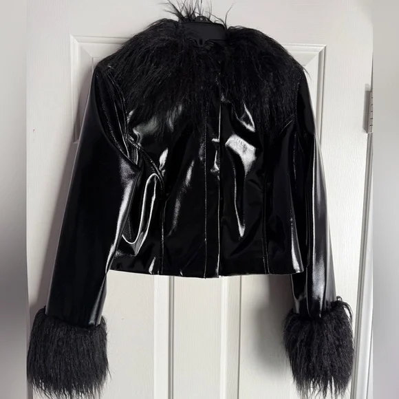 Black Shiny Faux Fur Trimmed Jacket - Picture 1 of 6